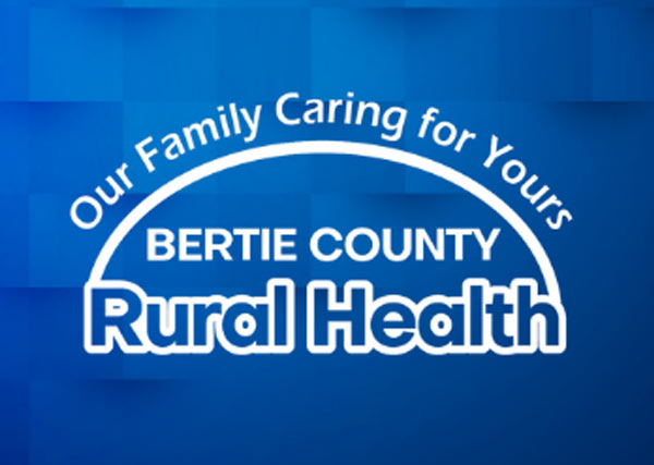 Bertie County Rural Health Association Logo - White sans-serif type over blue checked background