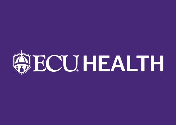 ECU Health Bertie Hospital Logo - White serif and sans-serif type with domed building icon to left over purple background