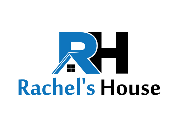 Rachels House Logo - Blue and black sans-serif type with stylized RH icon above that incorporates a house into the letter R