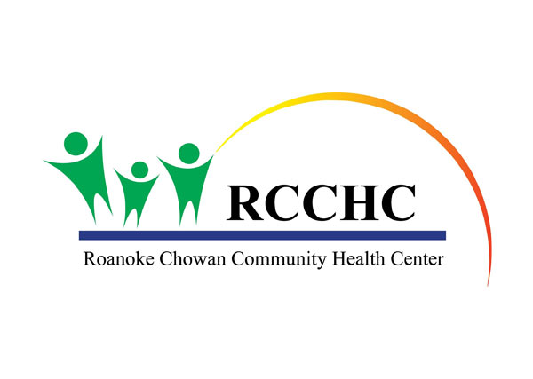 Roanoke Chowan Community Health Center Logo - Black serif type with green people icons, yellow-red gradient swoosh, and navy blue divider
