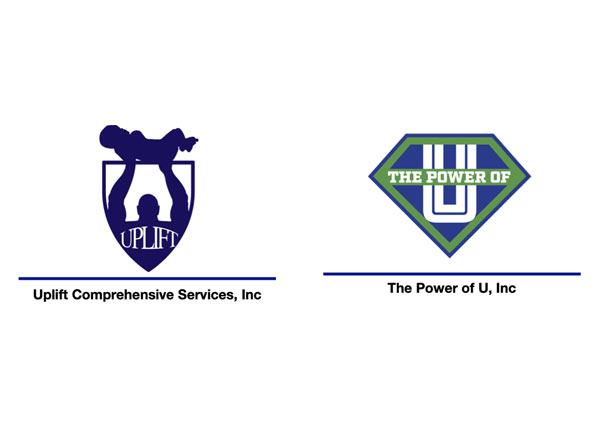 Uplift Comprehensive Services Power of U INC Logos - Black sans-serif type with Dark violet icon of man holding up an infant and blue and green diamond icon with white serif type inside