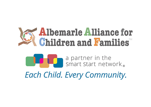 Albemarle Alliance for Children and Families Logo - Multicolored serif type with hands icon to left and additional logo below showing colored squares with gray and blue sans-serif type