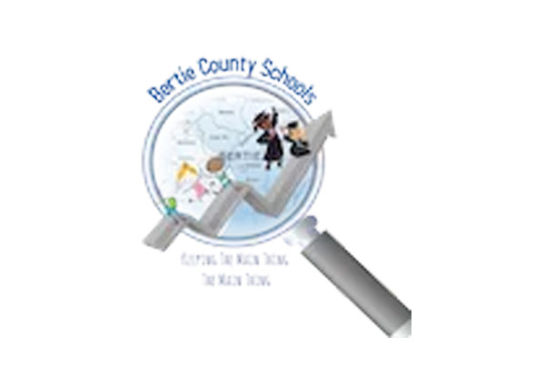Bertie County Schools Logo - Illustration of magnifying glass over map with kids walking on an upward arrow