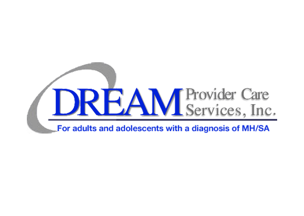 Dream Provider Care Services Logo - Kobalt blue and gray serif type with gray circle swoosh to left